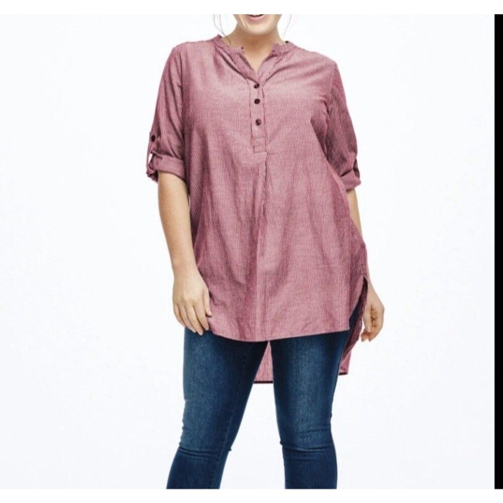 Ellos Women's Plus Size Striped Henley Tunic Oversized Long Top Sz 2X Pink